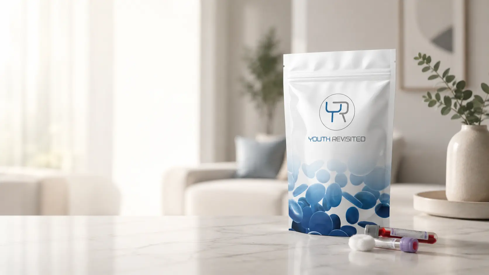 Youth Revisited at-home blood test kit on a marble surface in a bright living room